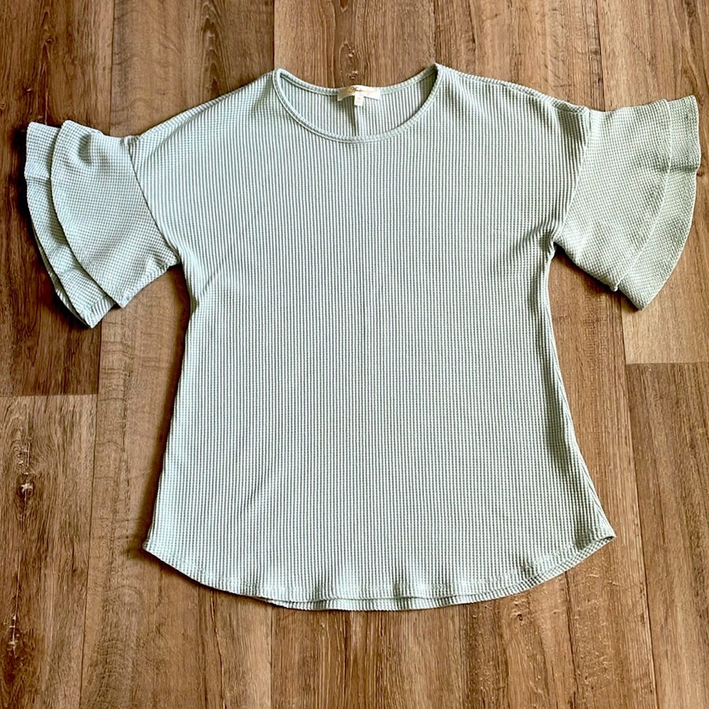 Andree by UNIT Seafoam Green Waffle Knit Ruffle Sleeve Top - Size M